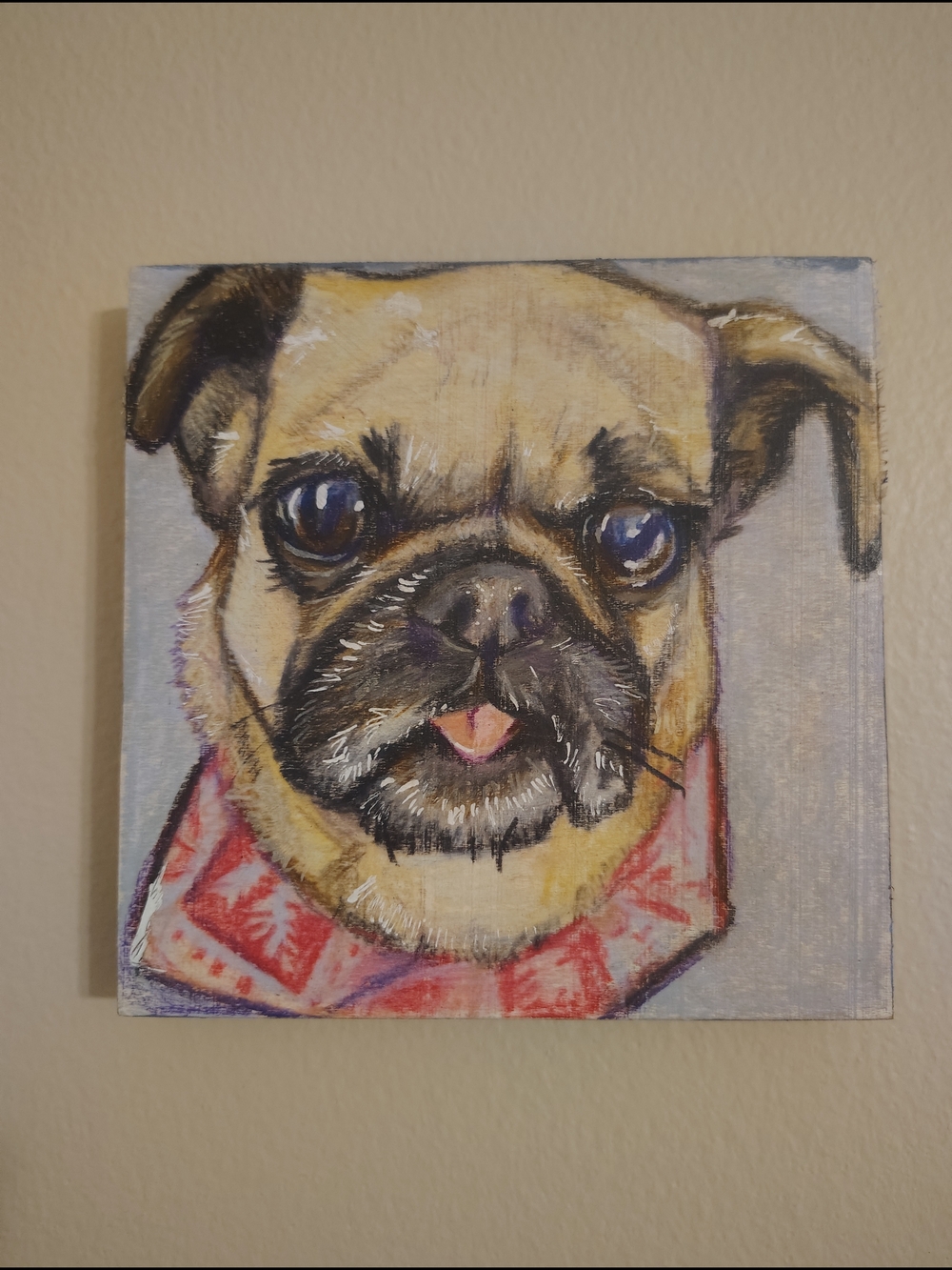 Pug Portrait Dog Wall Art Print - Tan with Red Bandana